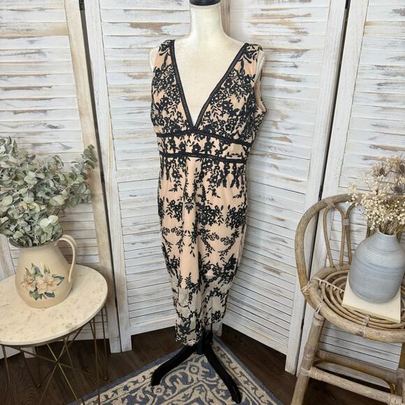 BARDOT NEW Women's 12 XL Embroidered Nude Black Overlay Midi Dress Sexy Sheath - Picture 6 of 16